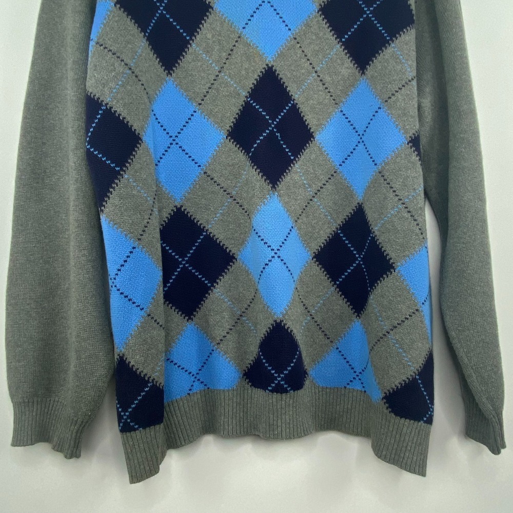 ARROW Argyle Sweater Mens L Gray Blue V Neck Cotton Knit Preppy Golf Old Money - Picture 3 of 9